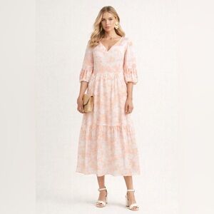 JessaKae blush pink and white toile print slight sweetheart v-neck midi dress. M
